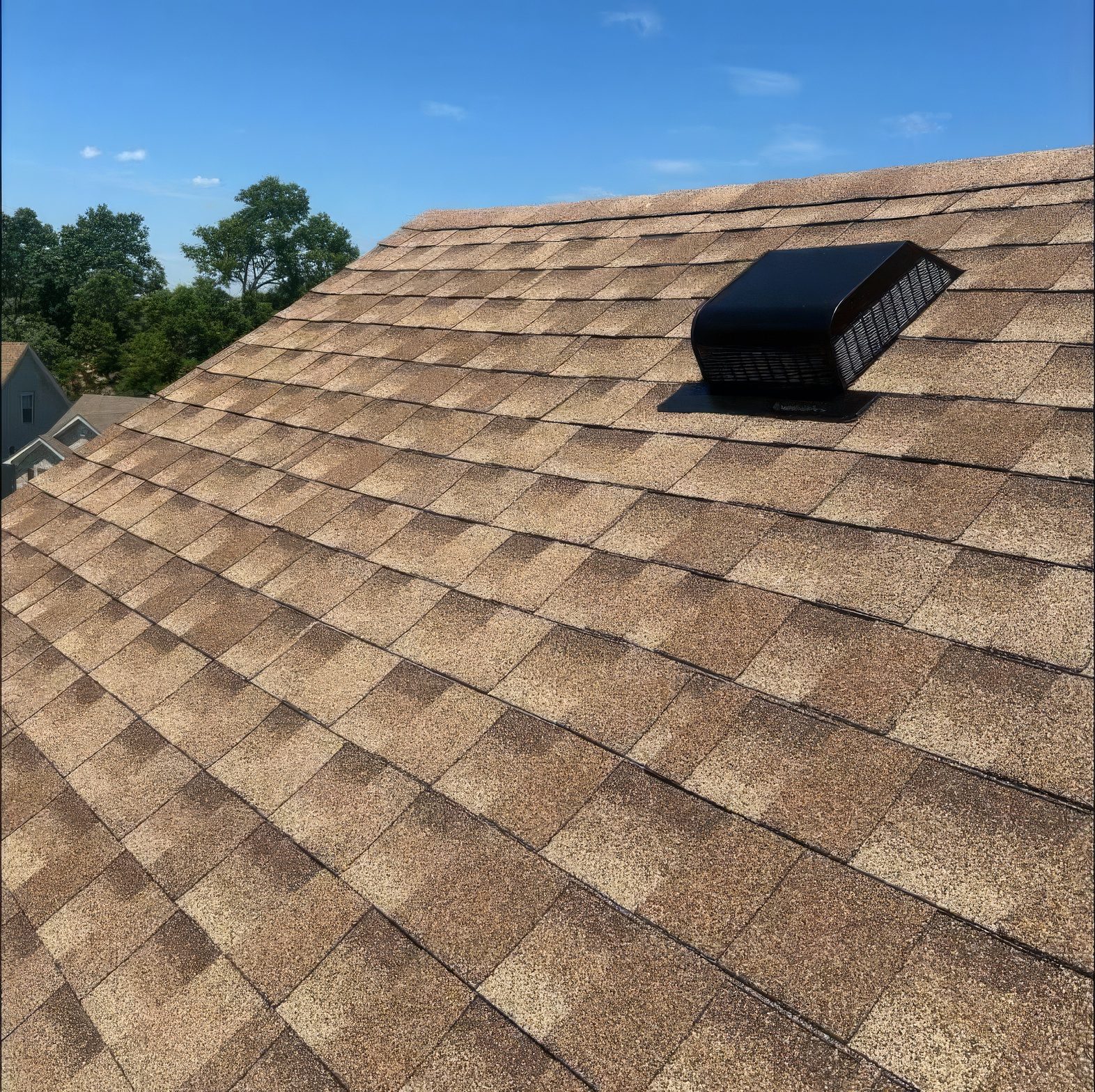 A finished field of shingles and a new vent, trees behind